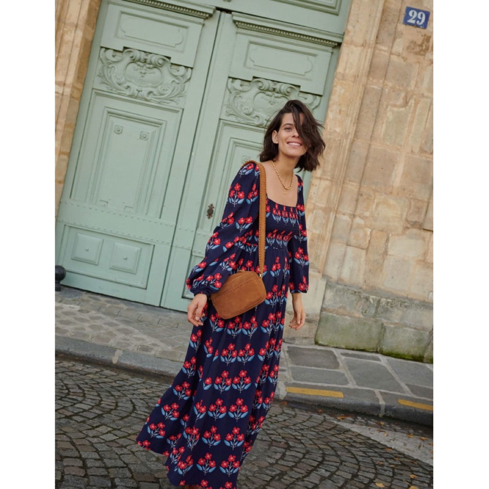 Boden Navy Maxi Dress with Red Floral Pattern